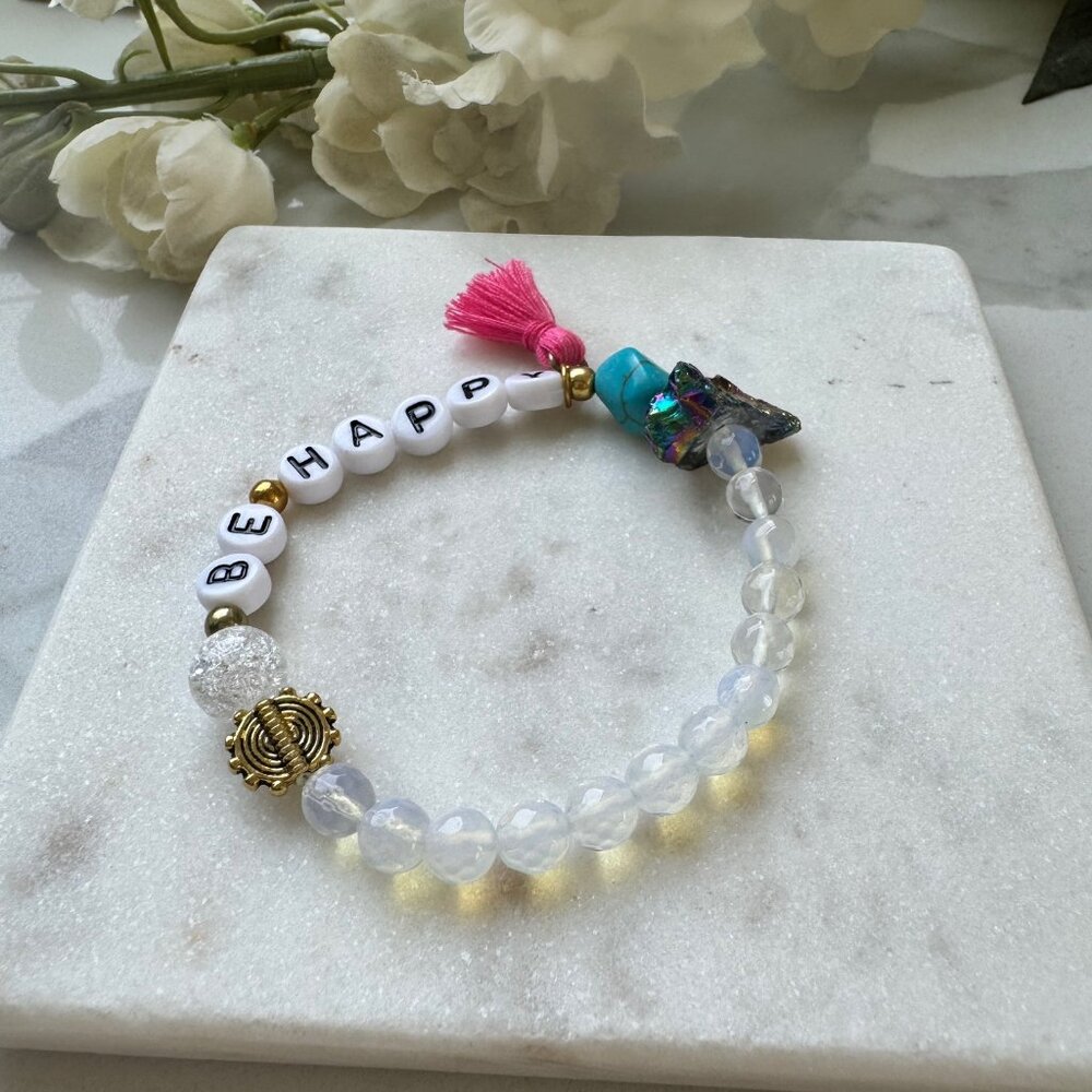 Opal gemstones beads stretch boho bracelet, gemstones, tassel charm